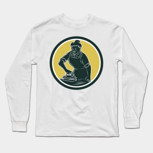 African American Woman Ironing Clothes Woodcut Long Sleeve T-Shirt